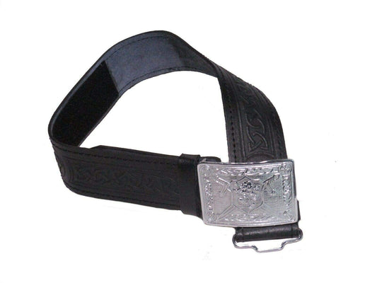 AAR Leather Celtic Design Kilt Belt Black & Brown With Chrome Finish Buckle Scottish Highland