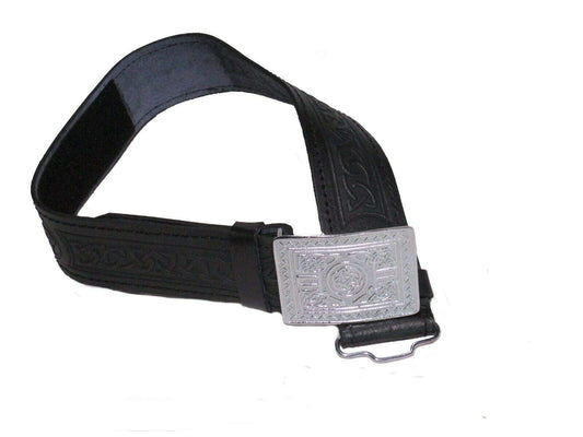 AAR Leather Celtic Design Kilt Belt Black & Brown With Chrome Finish Buckle Scottish Highland