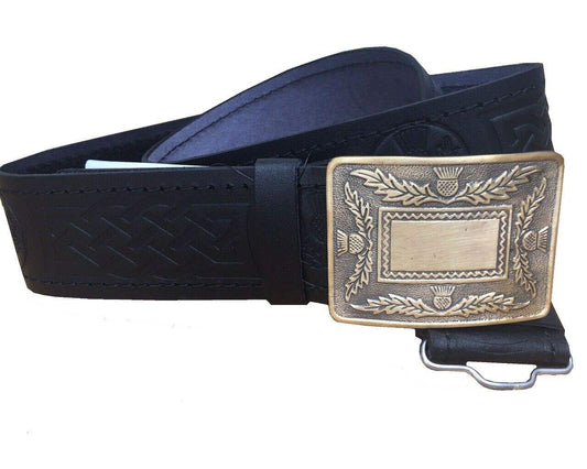 Black Leather Thistle Design Scottish Highland Kilt Belt With Antique Finish Buckle