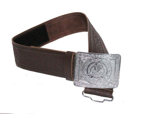 AAR Leather Celtic Design Kilt Belt Black & Brown With Chrome Finish Buckle Scottish Highland