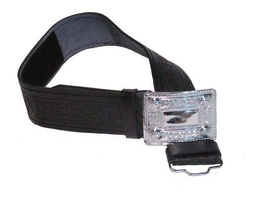 AAR Leather Celtic Design Kilt Belt Black & Brown With Chrome Finish Buckle Scottish Highland
