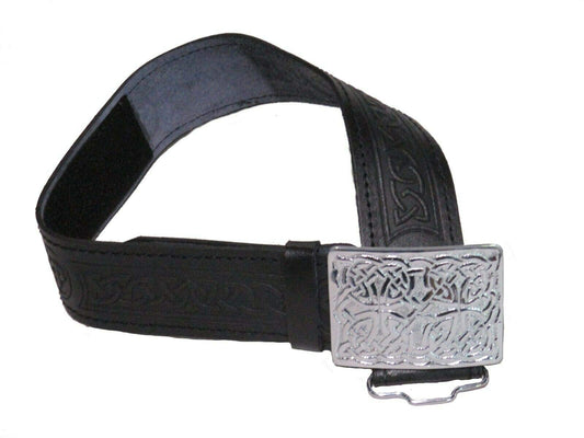 AAR Leather Celtic Design Kilt Belt Black & Brown With Chrome Finish Buckle Scottish Highland