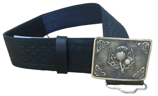 Black Leather Thistle Design Scottish Highland Kilt Belt With Antique Finish Buckle