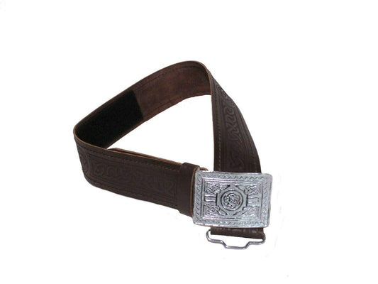 AAR Leather Celtic Design Kilt Belt Black & Brown With Chrome Finish Buckle Scottish Highland