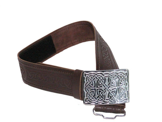 AAR Leather Celtic Design Kilt Belt Black & Brown With Chrome Finish Buckle Scottish Highland