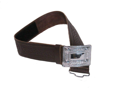 AAR Leather Celtic Design Kilt Belt Black & Brown With Chrome Finish Buckle Scottish Highland
