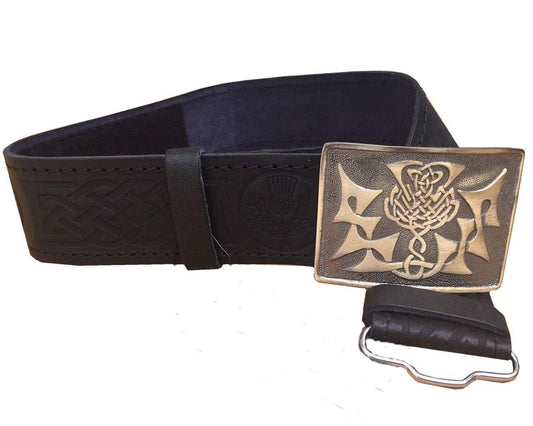 Black Leather Thistle Design Scottish Highland Kilt Belt With Antique Finish Buckle