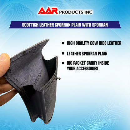 AAR Brand New Black Leather Kilt Sporran with Free Chain & Straps