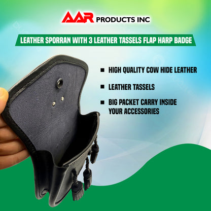 Brand New Black Leather Sporran with 3 Tassels & Shamrock Badge on Front