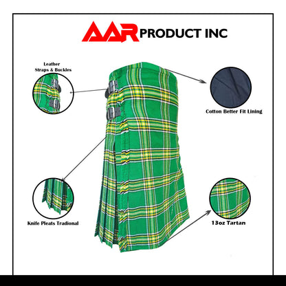 Men’s Scottish Kilt Traditional Irish Green 5 yard Kilts Tartan Highland Wear