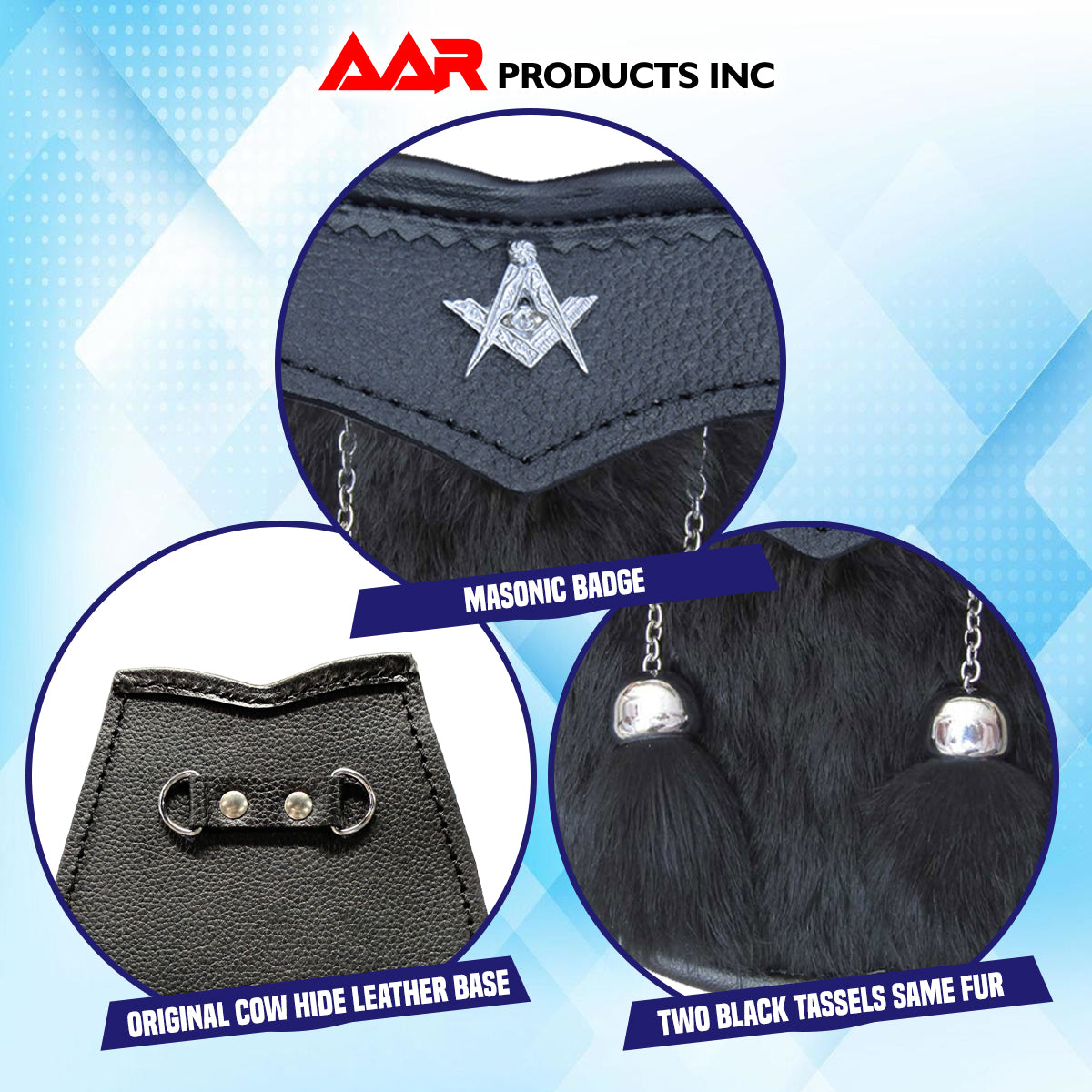 AAR Boys Sporran Black Rabbit Fur 2 Tassels Free Leather Belt Chain Multi Design