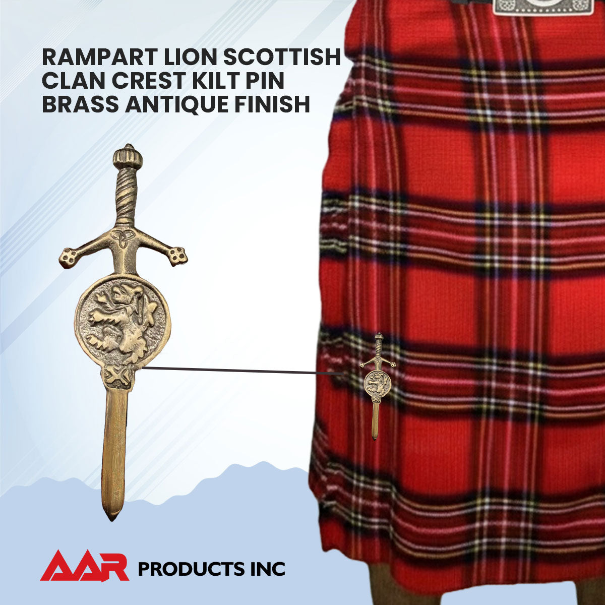 Brand New Kilt Pin with Rampant Lion Badge Antique Finish