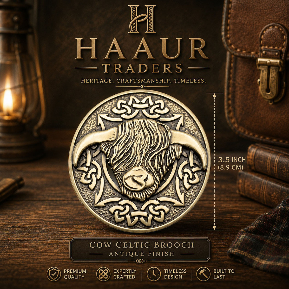 Highland Cow Kilt Brooch with Celtic Knot, Scottish Tartan Plaid Sash Pin, Antique Finish Alloy Brooch for Men