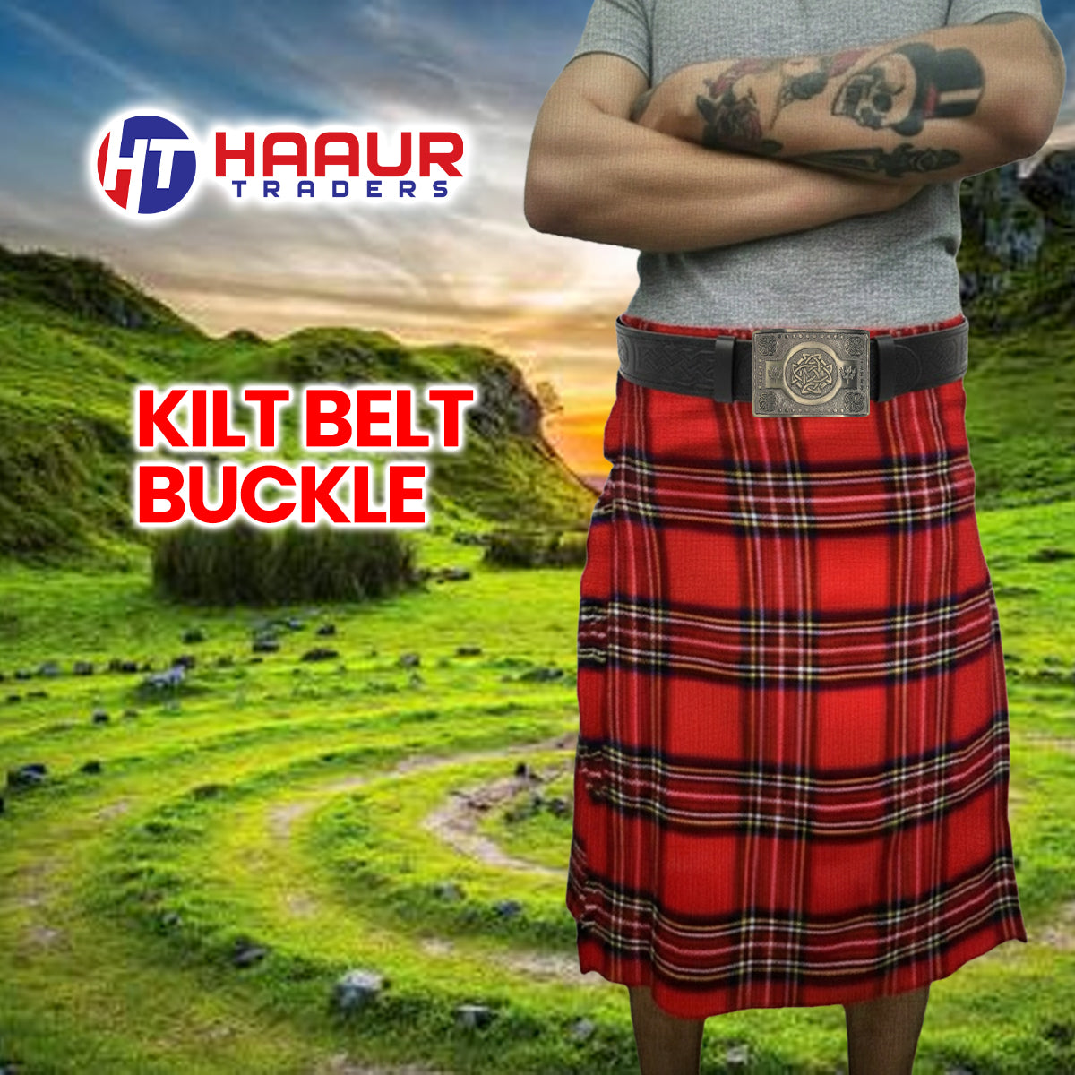 Black Leather Thistle Design Scottish Highland Kilt Belt With Antique Finish Buckle