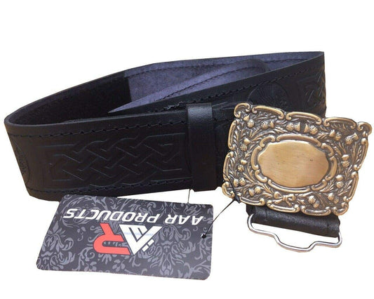Black Leather Thistle Design Scottish Highland Kilt Belt With Antique Finish Buckle