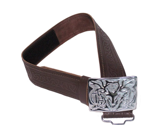 AAR Leather Celtic Design Kilt Belt Black & Brown With Chrome Finish Buckle Scottish Highland
