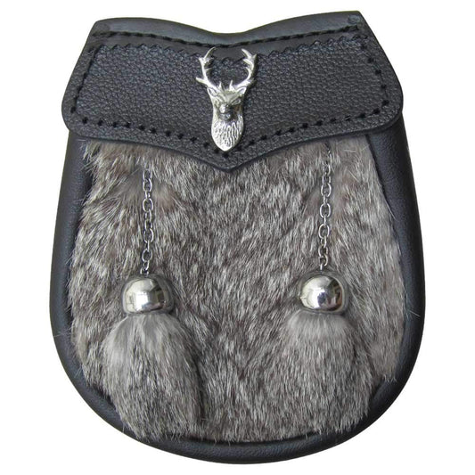 AAR Brand New Baby Grey Fur Sporran with Stag Head Badge