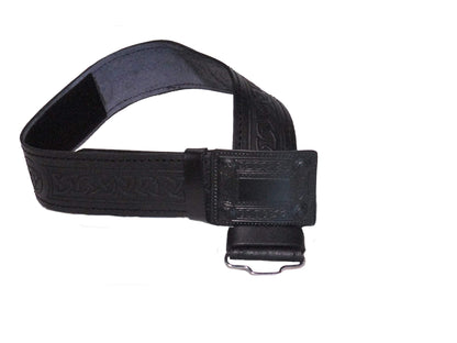 AAR Leather Celtic Design Kilt Belt Black & Brown With Chrome Finish Buckle Scottish Highland
