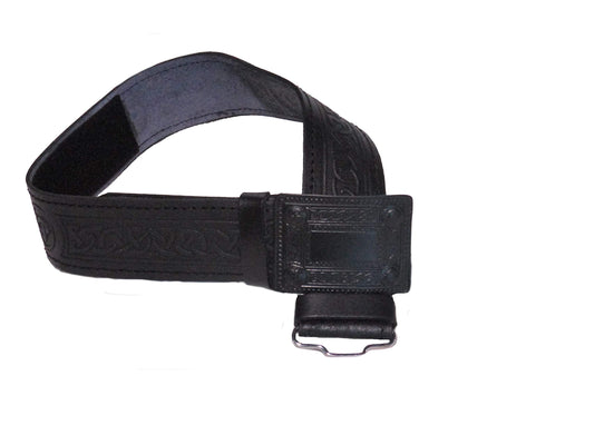 AAR Leather Celtic Design Kilt Belt Black & Brown With Chrome Finish Buckle Scottish Highland