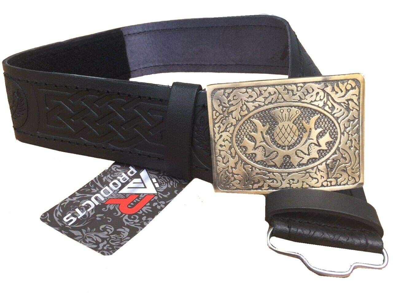 Black Leather Thistle Design Scottish Highland Kilt Belt With Antique Finish Buckle