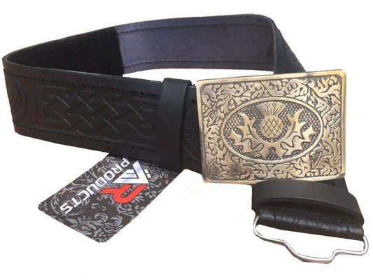Black Leather Thistle Design Scottish Highland Kilt Belt With Antique Finish Buckle