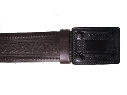 AAR Leather Celtic Design Kilt Belt Black & Brown With Chrome Finish Buckle Scottish Highland