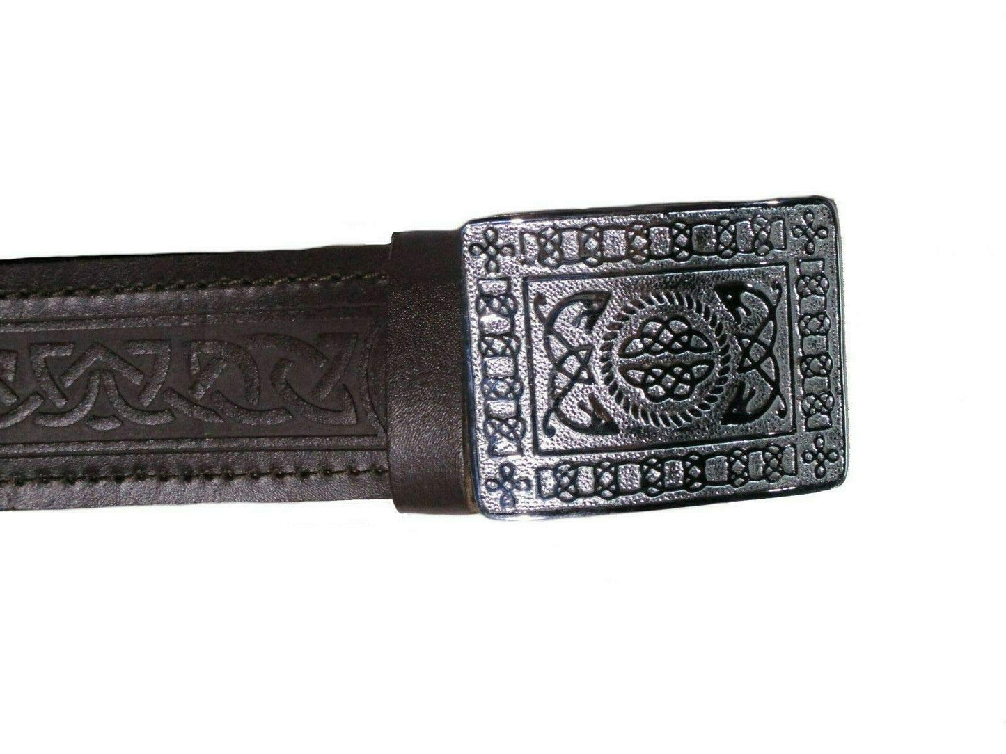 AAR Leather Celtic Design Kilt Belt Black & Brown With Chrome Finish Buckle Scottish Highland
