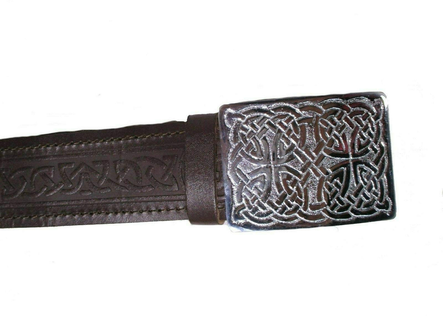 AAR Leather Celtic Design Kilt Belt Black & Brown With Chrome Finish Buckle Scottish Highland
