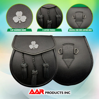 Brand New Black Leather Sporran with 3 Tassels & Shamrock Badge on Front