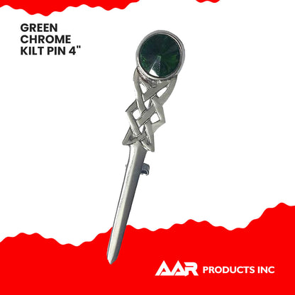 Kilt Pin Scottish Celtic Knot Stone Chrome Finish Green Stone