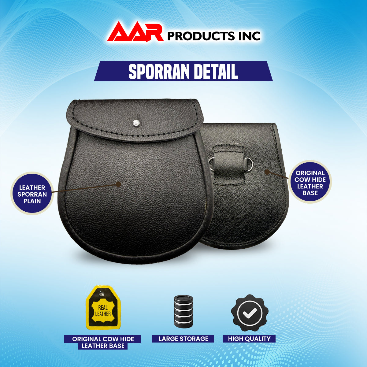 AAR Brand New Black Leather Kilt Sporran with Free Chain & Straps