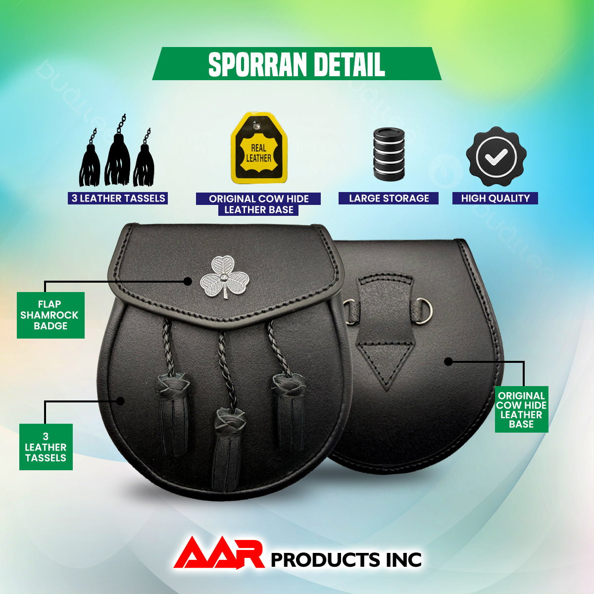 Brand New Black Leather Sporran with 3 Tassels & Shamrock Badge on Front