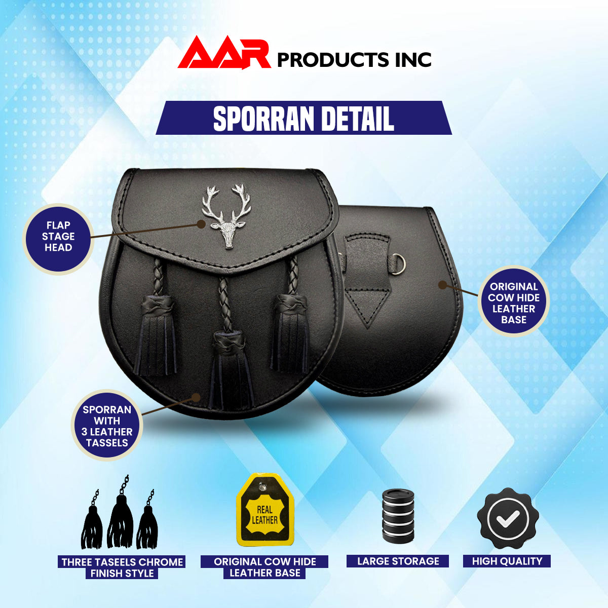 Leather Kilt Sporran Scottish Semi Dress Formal Free Leather Belt Chain Stag Head Design