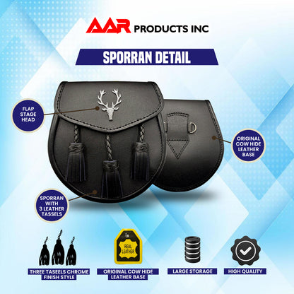 Leather Kilt Sporran Scottish Semi Dress Formal Free Leather Belt Chain Stag Head Design