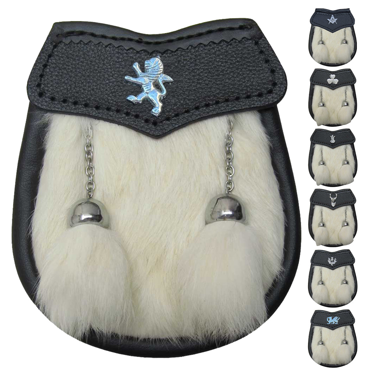 Scottish Boys White Sporran Leather Fur Kilt With 2 Tassels Belt Chain 28"