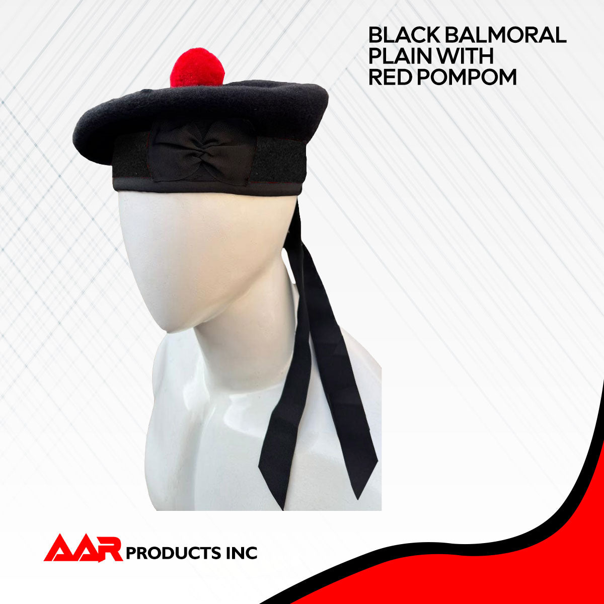 New Scottish Black Wool Balmoral plain Hat With Red Pompom on Top