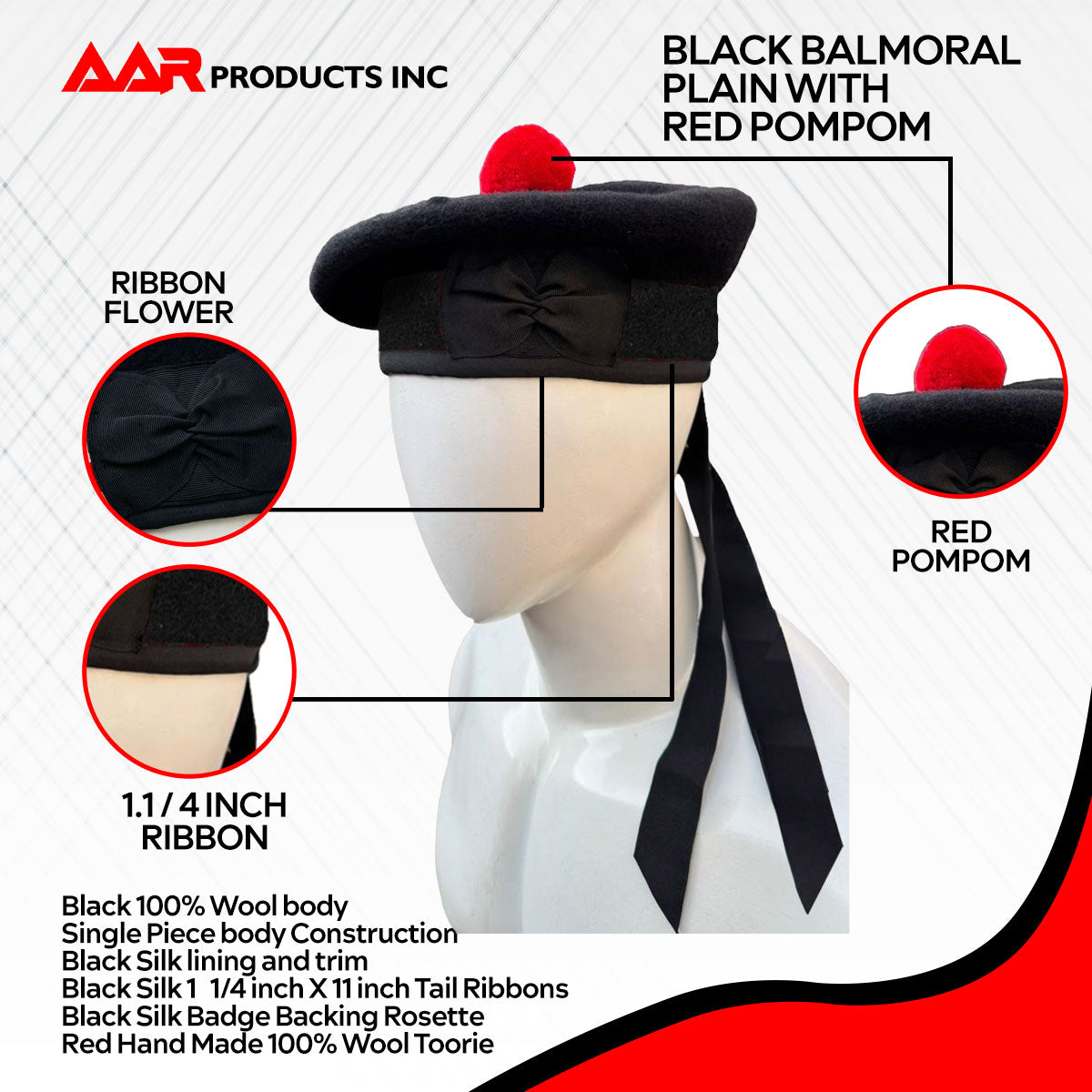 New Scottish Black Wool Balmoral plain Hat With Red Pompom on Top