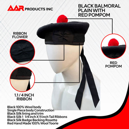 New Scottish Black Wool Balmoral plain Hat With Red Pompom on Top