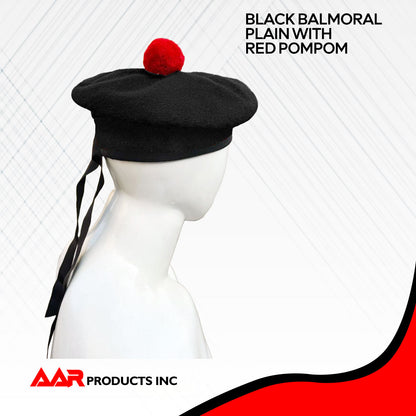New Scottish Black Wool Balmoral plain Hat With Red Pompom on Top