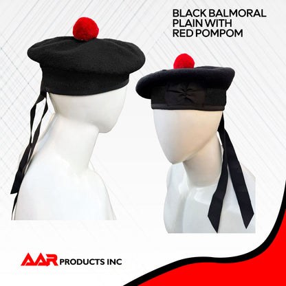 New Scottish Black Wool Balmoral plain Hat With Red Pompom on Top