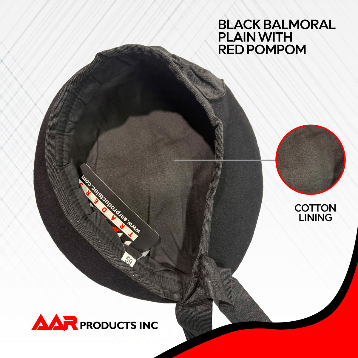 New Scottish Black Wool Balmoral plain Hat With Red Pompom on Top