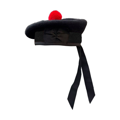 New Scottish Black Wool Balmoral plain Hat With Red Pompom on Top