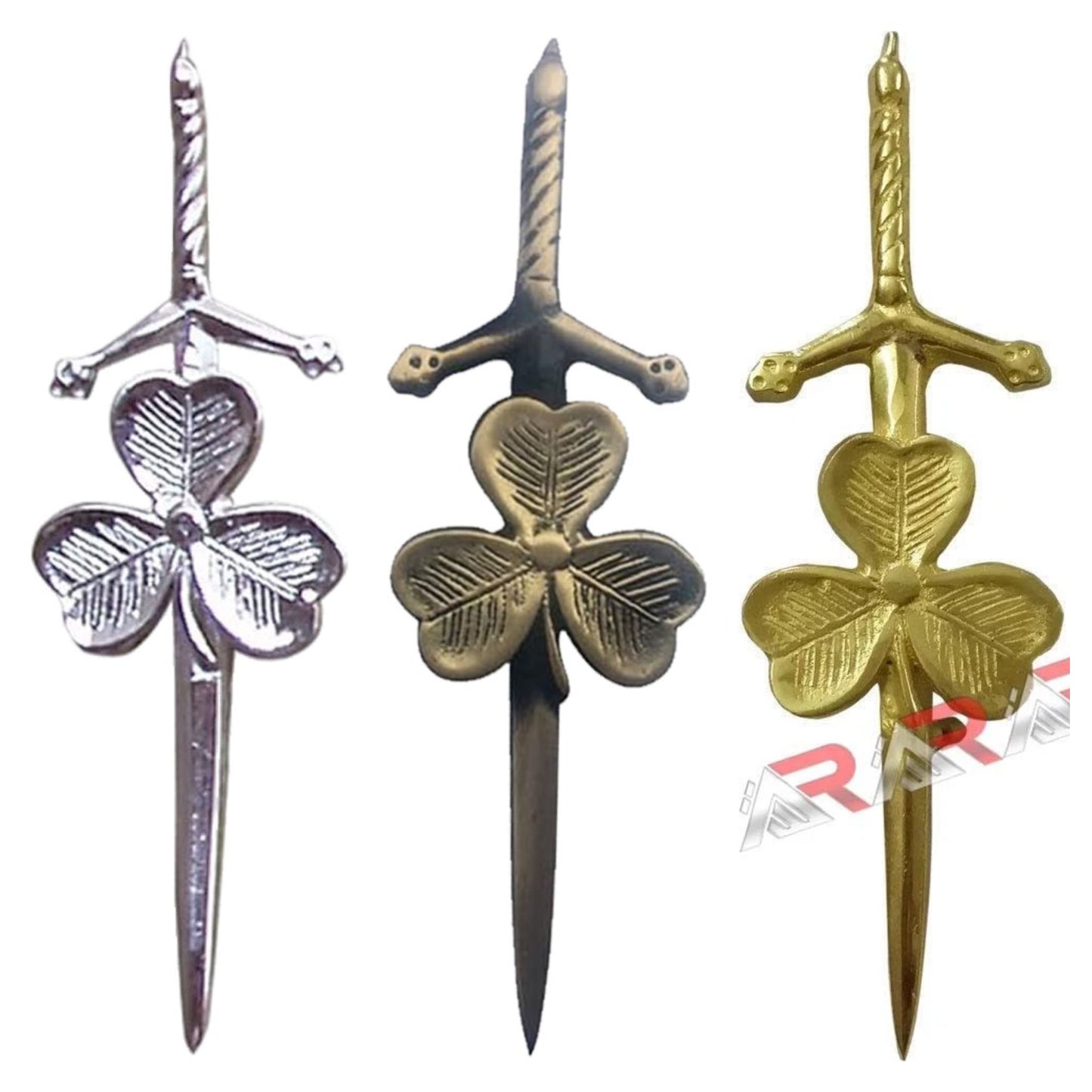 Shamrock Kilt AAR Pin Celtic Highland Design, 4-Inch with Locking Antique Chrome Pin Scottish Kilt Accessory