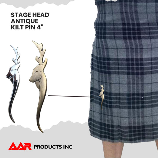 AAR Stag Head Swirl Kilt Pin – Antique & Chrome Finish | 4.5" Highland Dress Accessory