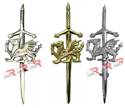 kilt Pin Welsh Dragon Scottish Highland Kilts Sporran Gold Chrome Antique Chrome Finish 4" AAR
