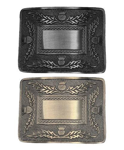 AAR Brand New Celtic Thistle Kilt Buckle in Antique Chrome Jet Black Plated Mirror Design
