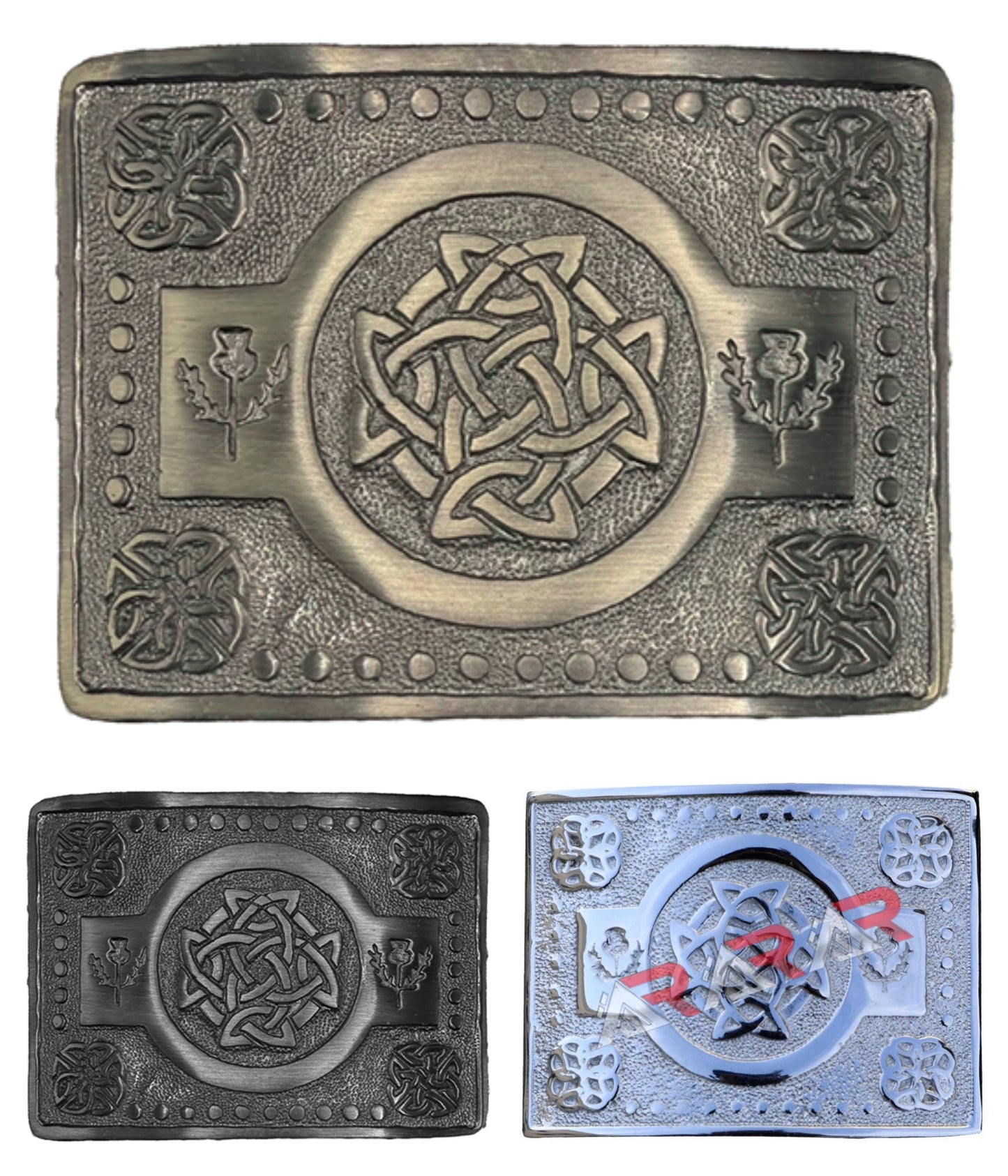 Scottish Buckle Kilt Belt Highland Celtic Knot Work Antique, Chrome and Black Finish