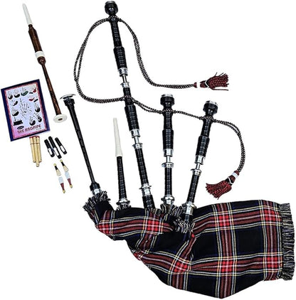 Scottish Bagpipe Rosewood Royal Stewart Tartan Black Finish with Silver Plain Mounts Free Tutor Book, Carrying Bag, Drone, Reeds