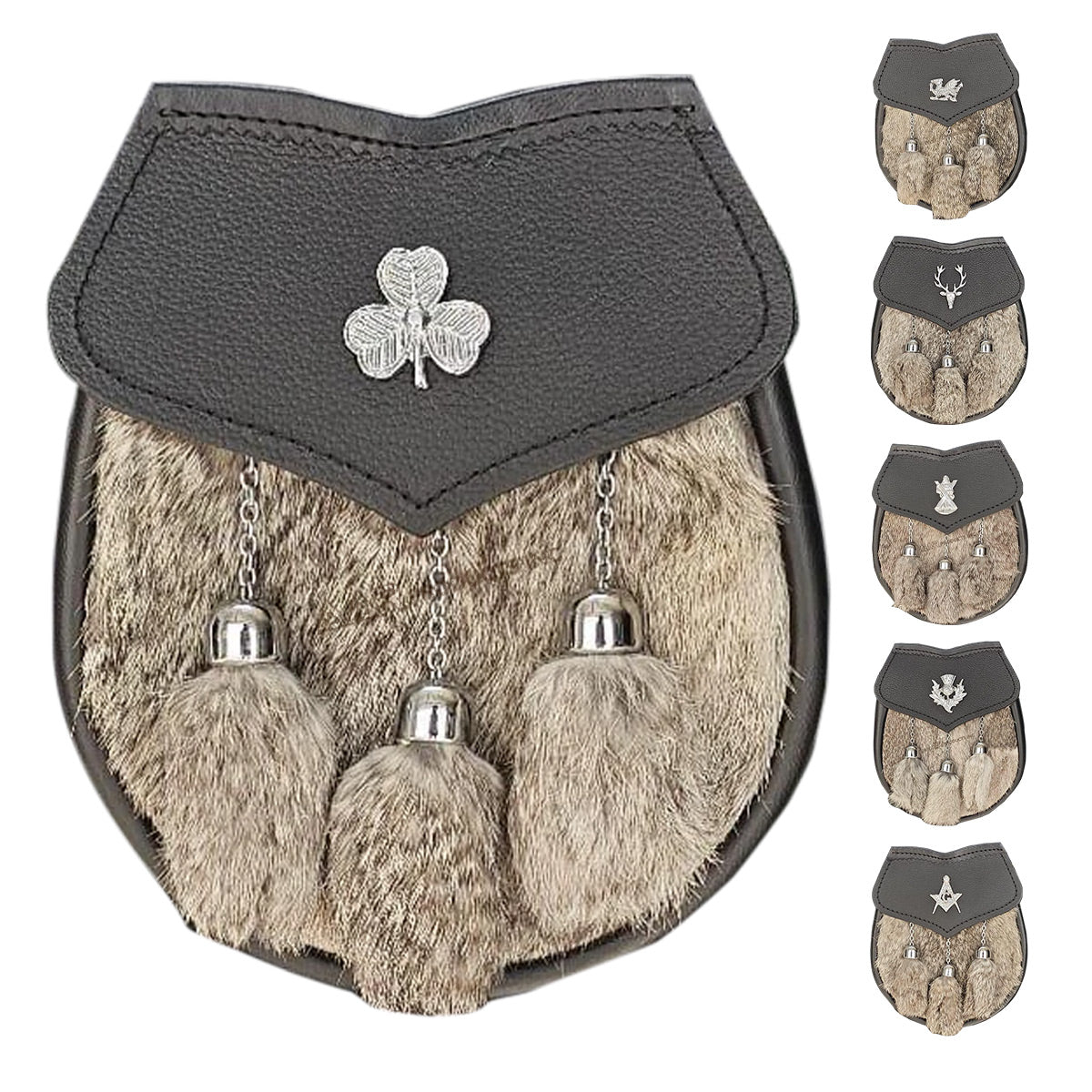 Mens Semi Dress Sporran Brown Rabbit Formal Fur 3 Tassels Leather Belt Chain