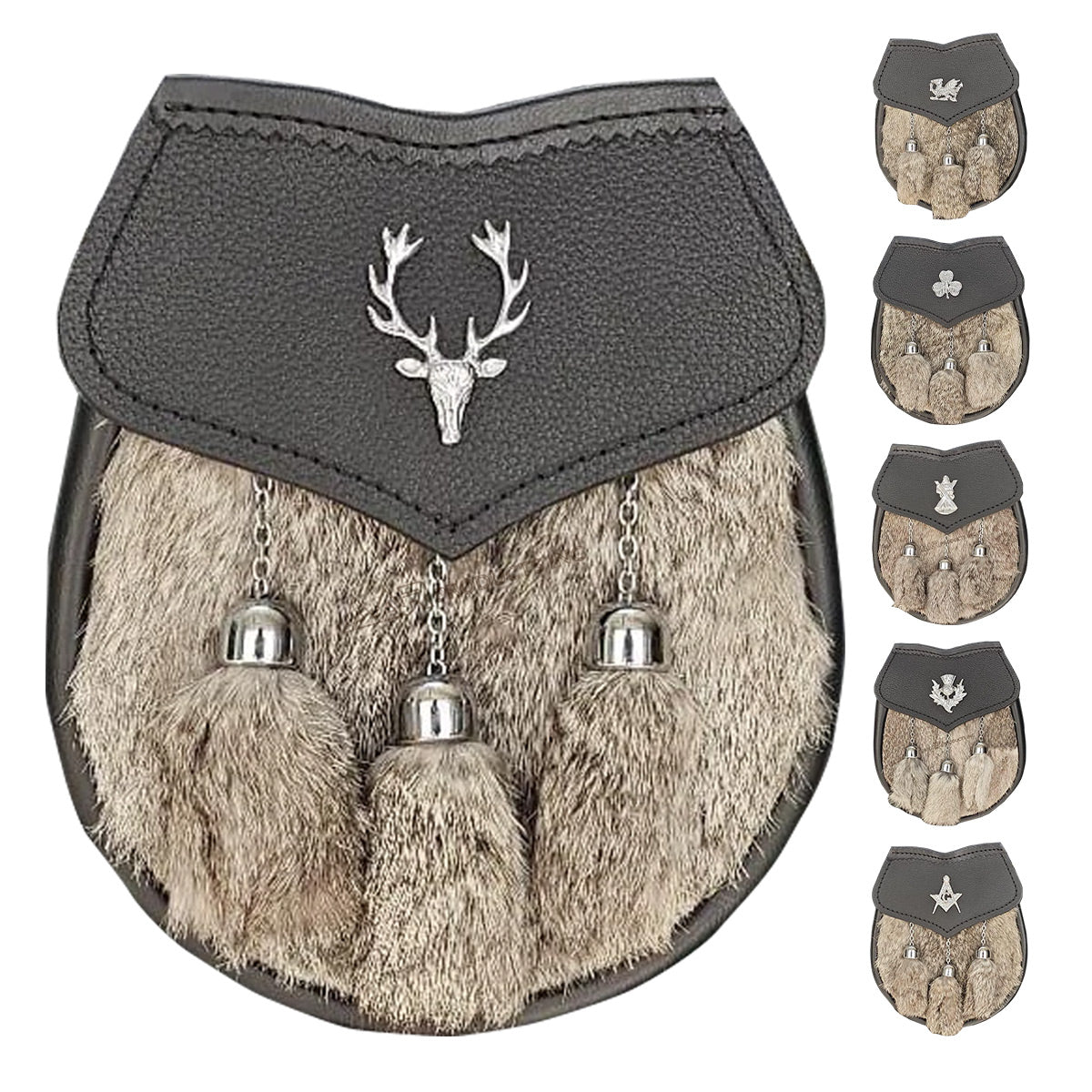 Mens Semi Dress Sporran Brown Rabbit Formal Fur 3 Tassels Leather Belt Chain